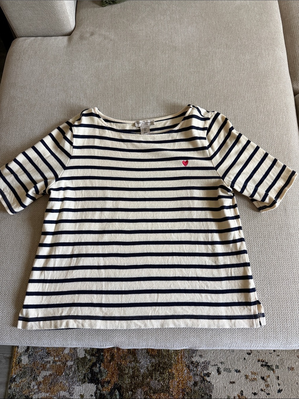 Martha Stewart Cream & Navy Striped Short Sleeve Tee with Pink Heart
